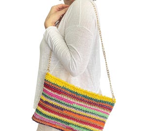 One of a Kind Crochet Clutch Bag with Chain Strap – Colorful Handmade Paper Yarn Purse, Leather Lined Shoulder Bag, 35 cm Statement Bag