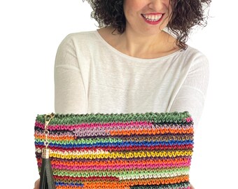 One of a Kind Crochet Clutch Bag, Colorful Handmade Paper Yarn Purse, Leather Lined Shoulder Bag, 25 cm Statement Bag