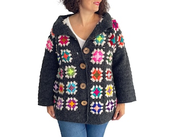 NEW! Handmade Crochet Cardigan Jacket, Granny Square Sweater, Boho Winter Cardigan, Colorful Crochet Coat, Limited Edition