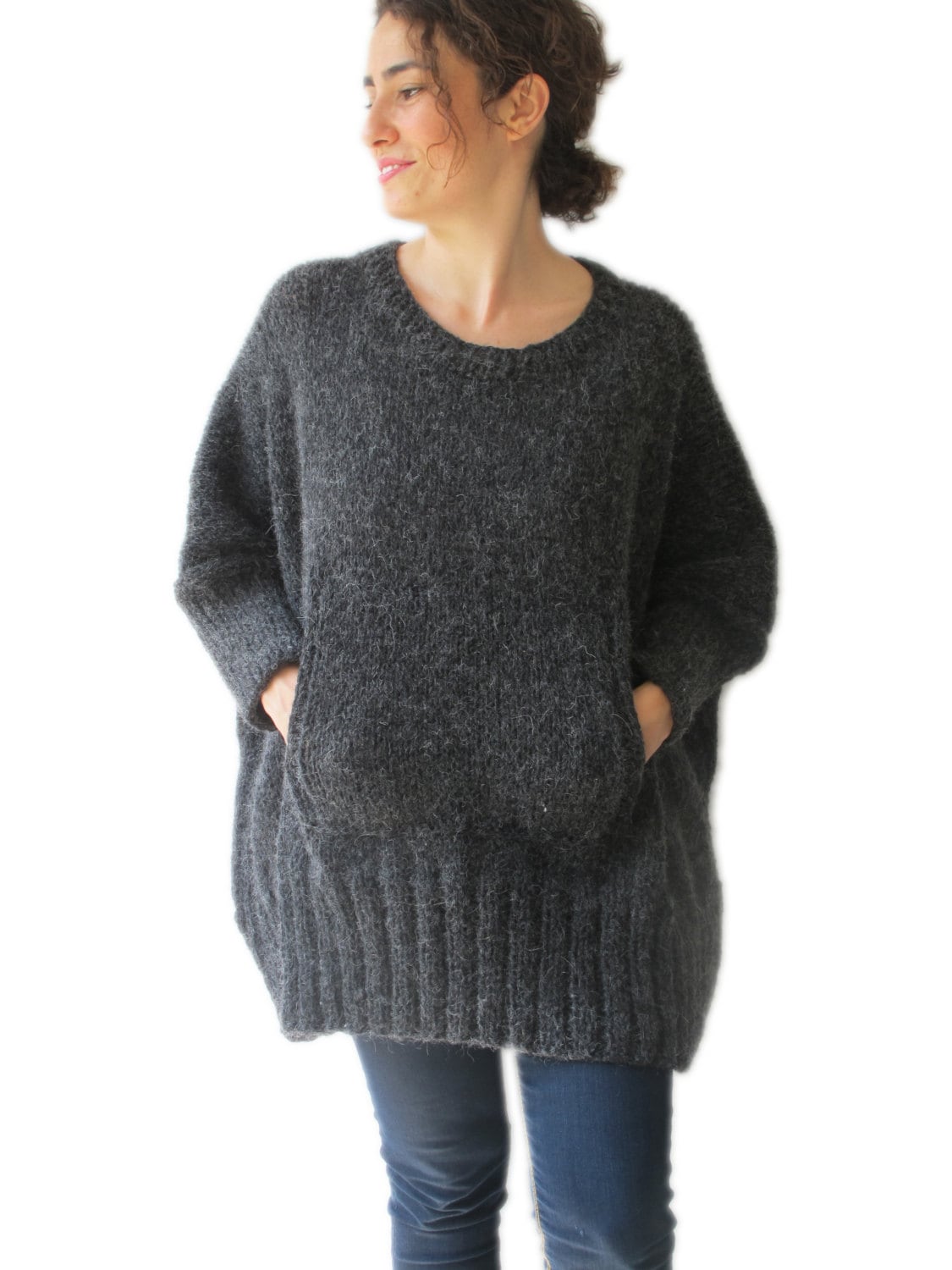Dark Gray Hand Knitted Sweater with Pocket Plus Size Over Size Etsy
