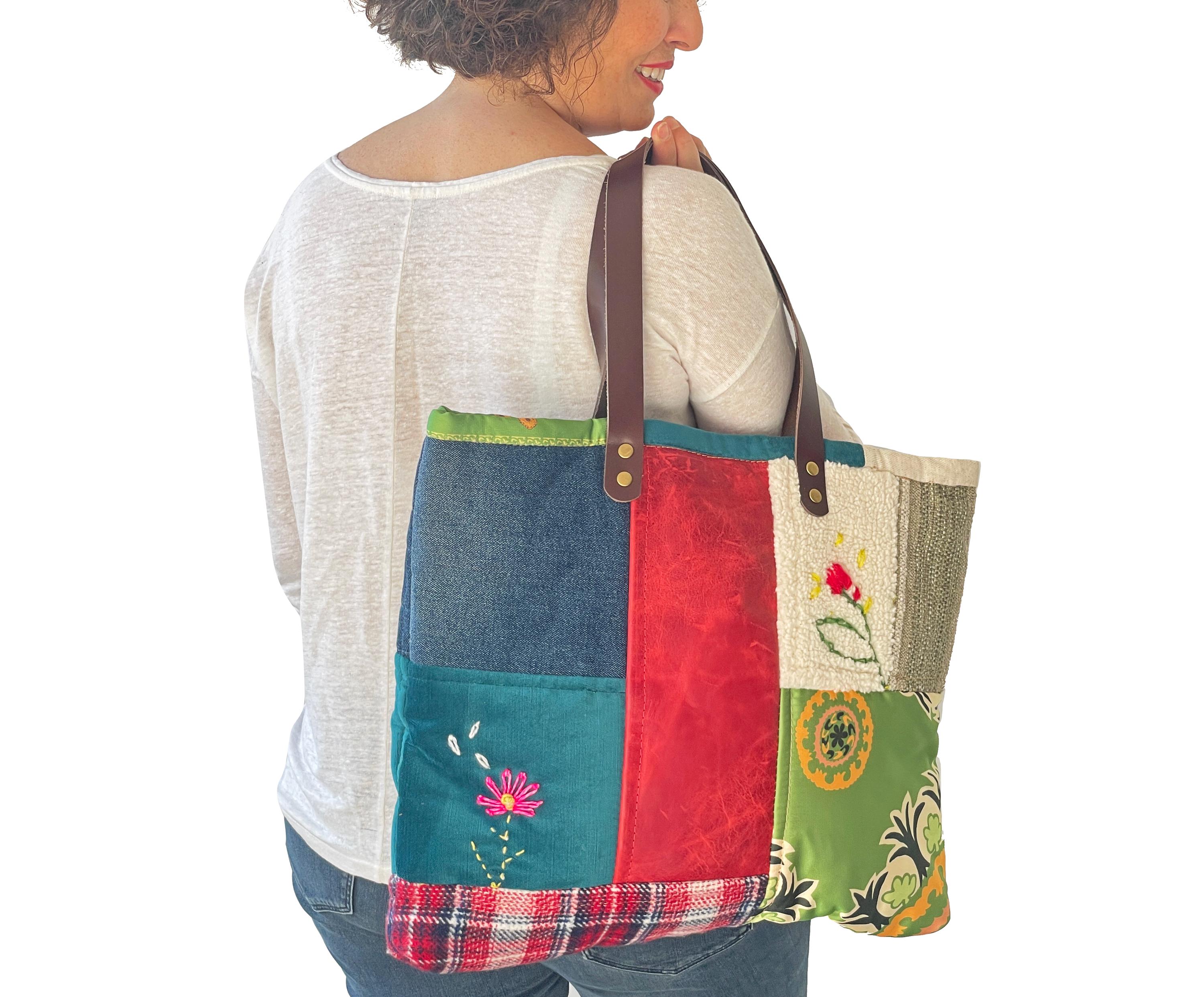 オンラインショップ Sewing Bag, Patchwork Bag, Stripe Leather Handmade, バッグ
