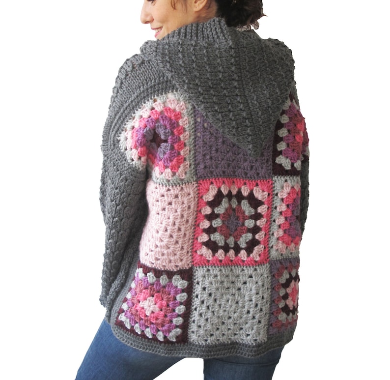 Pink Knitwear Granny Square Jacket Gray Coat Patchwork Jacket Afghan Cardigan Overcoat