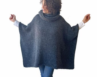 Plus Size Hand Knit Sleeveless Turtleneck Poncho, Angora Wool Blend, Lightweight & Warm, L–5XL Oversized Cozy Winter Layer