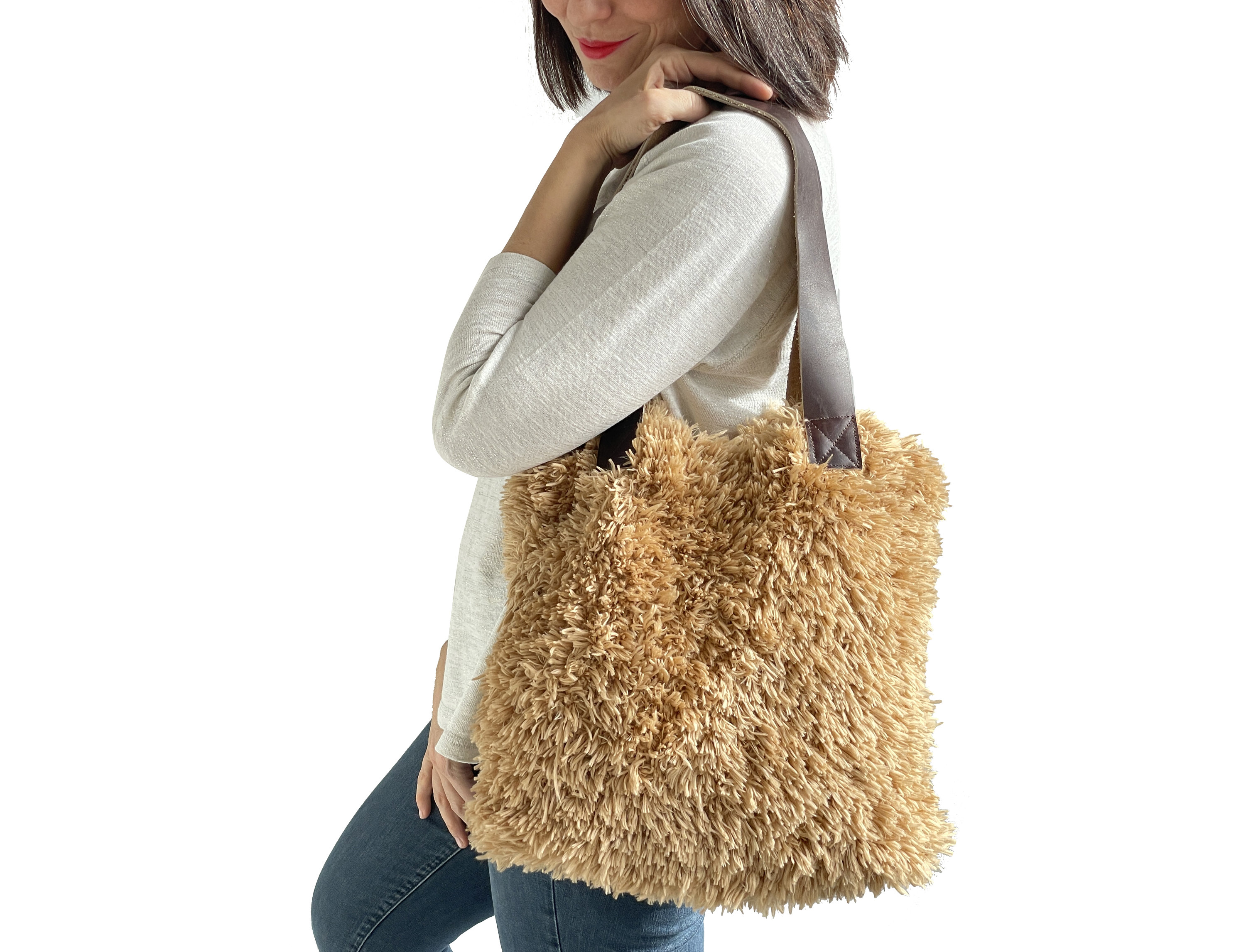 Borsa Tote Pelosa Invernale In Pelliccia Sintetica | Soffice, Tracolla E Spalla, Bianca O Marrone, Accessorio Moda Donna