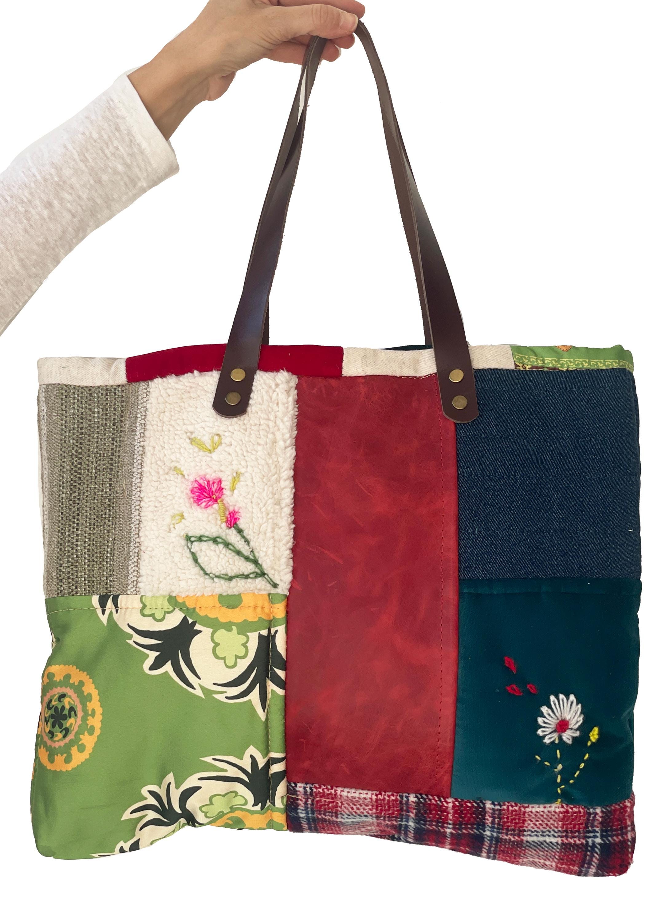 Patchwork Bag, Sewing Bag, Handmade, Leather Stripe