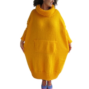 Wool Dress, Hand Knitted Dress, Plus Size Dress, Over Size Dress, Kangaroo Pocket, Yellow Wool Dress, Plus Size Clothing, Oversized,