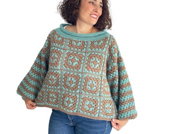 Turquoise Crochet Granny Square Sweater, Angora Wool Jumper, Handmade Oversized Sweater, Wide Neck Boho Pullover, Brown Blue Crochet Top