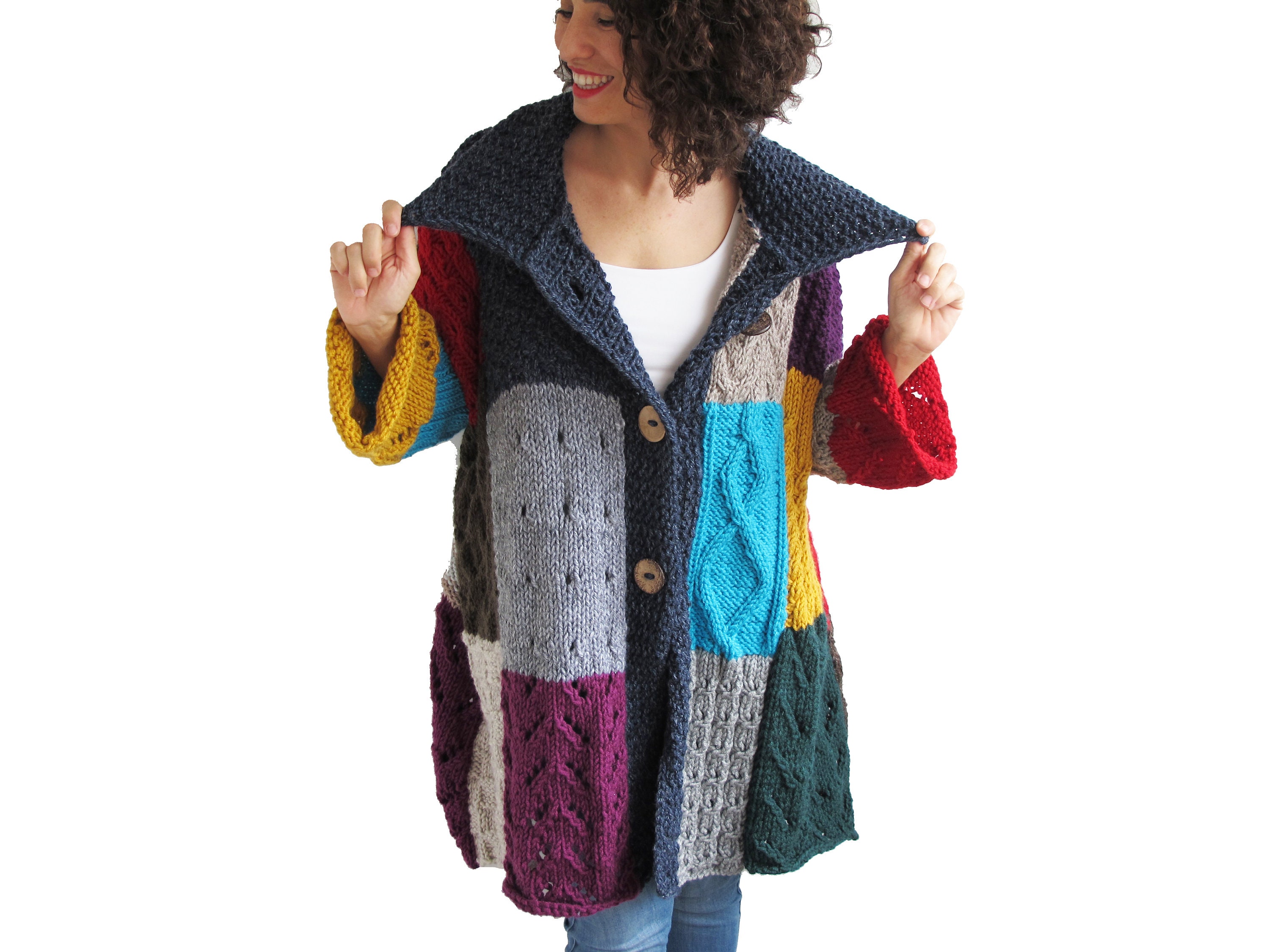 Patchwork Cardigan Hand Knit Cardigan Wool Woman Cardigan Etsy