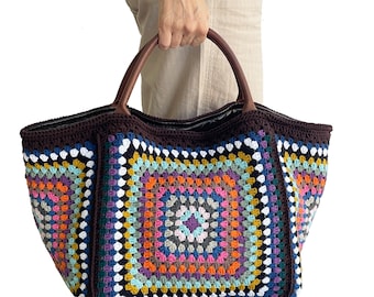 Granny Square Crochet Bag, Leather Lined Tote Bag, Handmade Cotton Bag, Large Capacity Travel Bag, Boho Crochet Purse