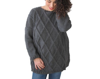 Wool Knit Sweater, Wool Jumper, Dark Gray