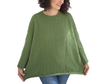 Pull en tricot décontracté, Pull tricoté à la main, Pull ample, Pull vert