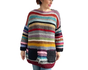 Patchwork Sweater, Wool Woman Sweater, Colorful Sweater, Boho Style, One Of A Kind Sweater