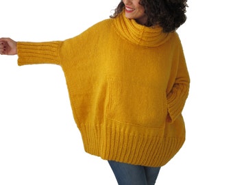 Yellow Hand Knitted Sweater, Accordion Hood, Plus Size Jumper, Over Size Sweater, Hand Knit Jumper, Kangoo Pocket