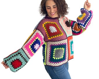 Colorful Crochet Granny Square Sweater, Handmade Angora Pullover, Oversized Boho Sweater, Extra Long Sleeve Colorful Jumper, Winter Knitwear
