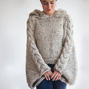 Tweed Beige Angel Sweater Capalet with Hoodie - Over Size Plus Size Tweed Beige Cable Knit by Afra