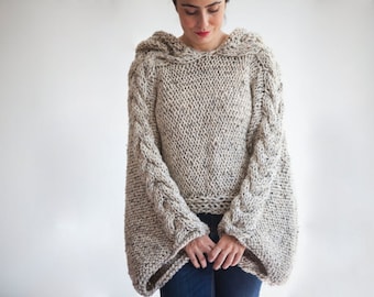 Tweed Beige Angel Sweater Capalet with Hoodie - Over Size Plus Size Tweed Beige Cable Knit by Afra