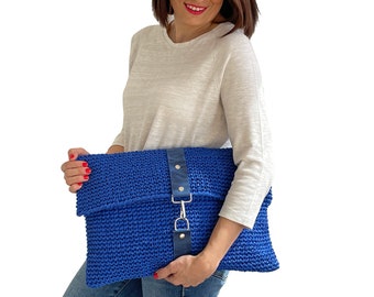 Crochet Clutch, Evening Bag, Paper Rope Clutch, Crochet Bag,  Woman Bag, Leather Handle, Handwoven Bag, Knitting Bag