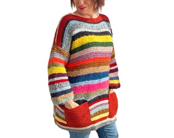 Patchwork Sweater, Wool Woman Sweater, Colorful Sweater, Boho Style, One Of A Kind Sweater