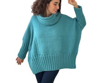 Angora Sweater, Knit Sweater, Oversize Sweater, Plus Size Sweater, Accordion Neck Sweater, Kangaroo Pocket