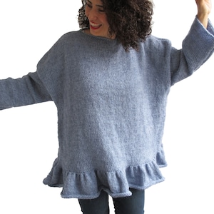 Ruffled Wool Sweater, Oversize Sweater, Blue Sweater, Plus Size Sweater, Blue, Hand Knitted Woman Sweater