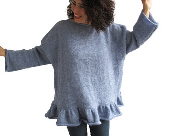 Ruffled Wool Sweater, Oversize Sweater, Blue Sweater, Plus Size Sweater, Blue, Hand Knitted Woman Sweater