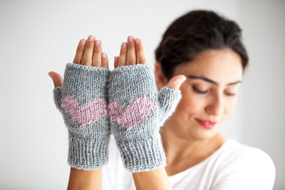 Fingerless Gloves, Arm Warmers, Valentines Day Gift, Hand Knit Gloves, Hand  Made Glove, Hearted Mittens, Hand Knit Heart Design,