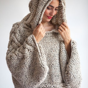 Tweed Beige Angel Sweater Capalet with Hoodie Over Size Plus Size Tweed Beige Cable Knit by Afra image 2