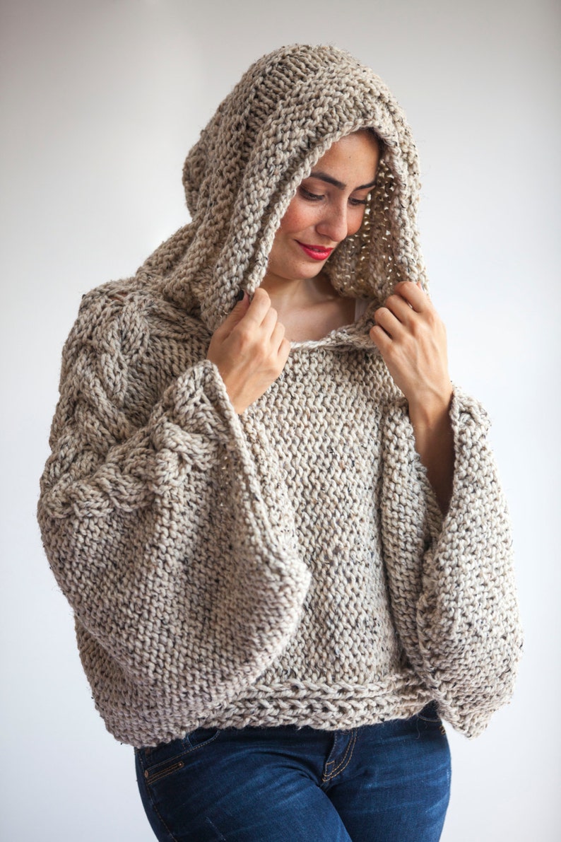 Tweed Beige Angel Sweater Capalet with Hoodie Over Size Plus Size Tweed Beige Cable Knit by Afra image 2