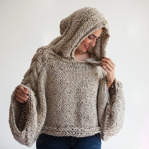 Tweed Beige Angel Sweater Capalet with Hoodie Over Size Plus Size Tweed Beige Cable Knit by Afra image 3