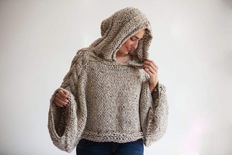 Tweed Beige Angel Sweater Capalet with Hoodie Over Size Plus Size Tweed Beige Cable Knit by Afra image 3