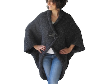 Plus Size Over Size Dark Gray Wool Overcoat - Poncho - Cardigan