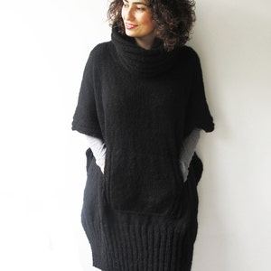 Black Plus Size Over Size Mohair Hand Knitted Poncho with Accordion Hood and Pocket Tunic - Dress by Afra