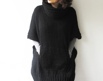 Black Plus Size Over Size Mohair Hand Knitted Poncho with Accordion Hood and Pocket Tunic - Dress by Afra