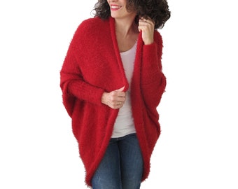 Slouchy Cardigan, Red, Open Front Cardigan