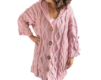 Knit Cardigan, Maxi Cardigan, Casual Cardigan, Hooded Coat, Hooded Knitted Coat, Long Cardigan, Light Pink, Powder Pink