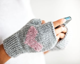 Fingerless Gloves, Arm Warmers, Valentines Day Gift, Hand Knit Gloves, Hand Made Glove, Hearted Mittens, Hand Knit Heart. Heart Design,