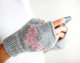 Fingerless Gloves, Arm Warmers, Valentines Day Gift, Hand Knit Gloves, Hand Made Glove, Hearted Mittens, Hand Knit Heart. Heart Design,