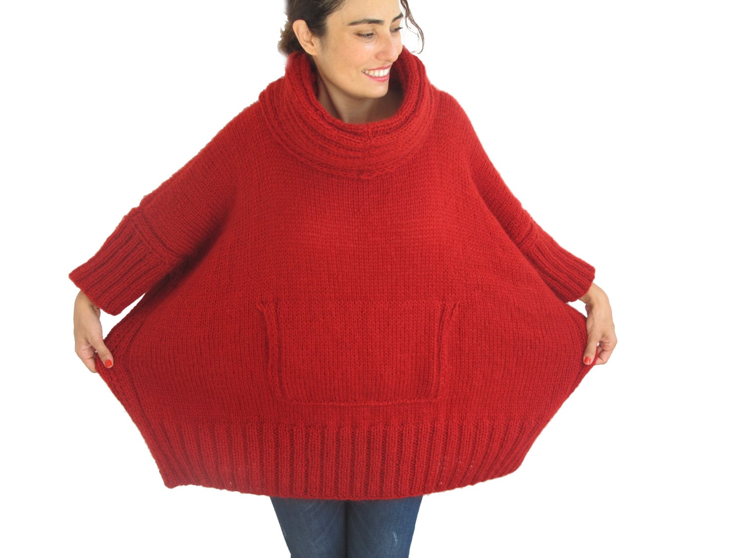 Red Hand Knitted Sweater With Accordion Hood and Pocket Plus Etsy