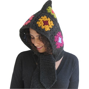 Winter Hat, Wool Hat, Crochet Hat, Slouchy Hat, Hat with Scarf, Granny Square, Hand Knit Hat, Colorful Hat, Boho Style