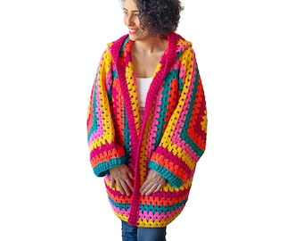 NEW! Granny Square Crochet Cardigan – Handmade Angora Yarn Open Front Boho Sweater, Cozy Retro , Plus Size Jacket, Plus Size