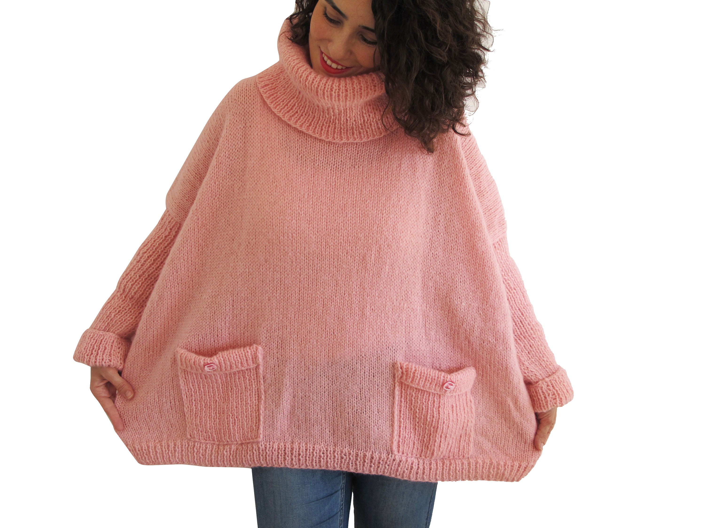 Wool Sweater, Turtleneck Sweater, Long Sleeve Sweater, Pink