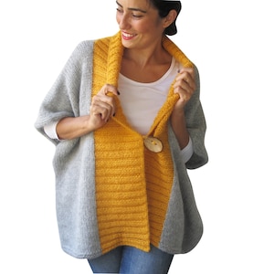 Light Gray - Yellow Mohair Cardigan with Big Coconut Button by Afra Plus Size Over Size