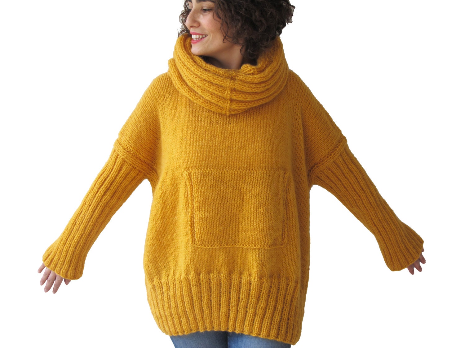 Yellow Hand Knitted Sweater With Accordion Hood and Pocket Etsy