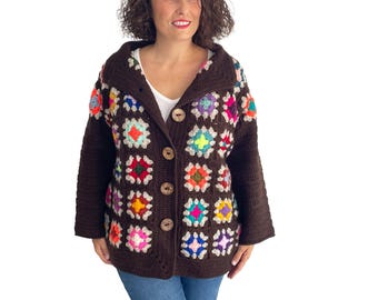 NEW! Handmade Crochet Cardigan Jacket, Granny Square Sweater, Boho Winter Cardigan, Colorful Crochet Coat, Limited Edition