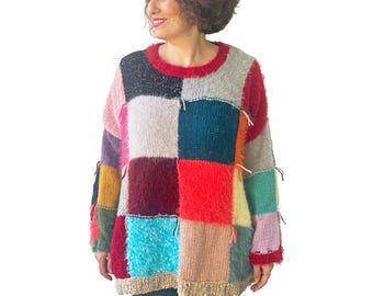 Patchwork Pullover, Wolle Frau Pullover, Bunte Pullover, Boho Stil, One Of A Kind Pullover