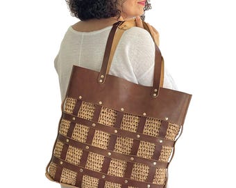 Handmade Raffia Tote Bag with Genuine Leather Frame | Large Structured Grid Design Bag | Everyday Brown Leather & Woven Handbag