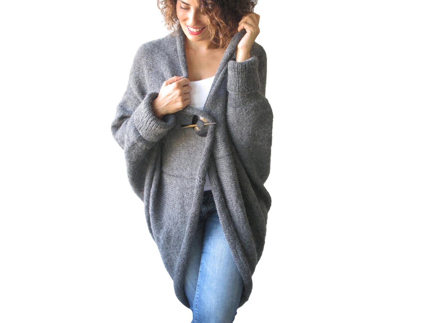 Over Size - Plus Size Gray Wool Overcoat - Poncho - Cardigan