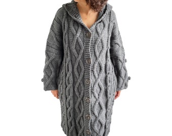 Hand Knit Overcoat, Knit Cardigan, Maxi Cardigan, Casual Cardigan, Hooded Coat, Hooded Knitted Coat, Long Cardigan, Dark Gray, Wool Overcoat