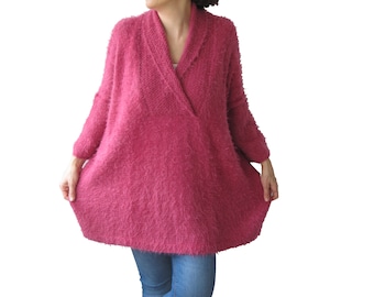 Hand Knitted Sweater, Plus Size Jumper, Over Size Sweater, Hand Knit Jumper, Woman Jumper, Slouchy Sweater, Pink Wool Sweater