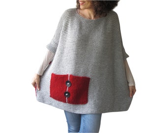 Plus Size Sweater, Over Size Sweater, Hand Knit Sweater, Gray Red